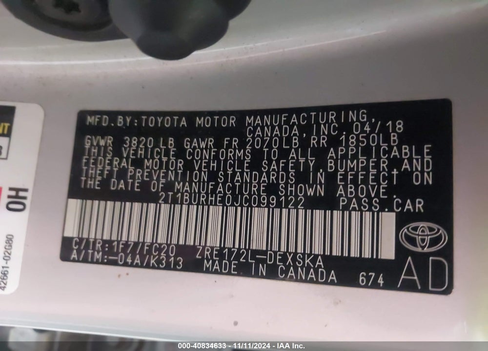 2018 TOYOTA COROLLA SE VIN: 2T1BURHE0JC099122