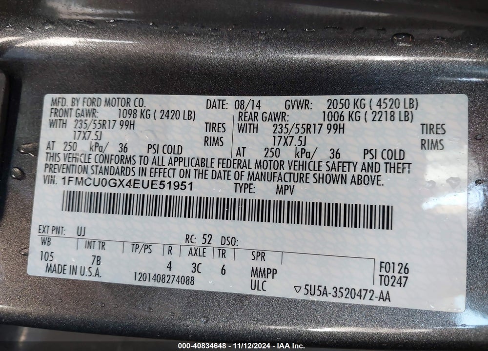2014 FORD ESCAPE SE VIN: 1FMCU0GX4EUE51951