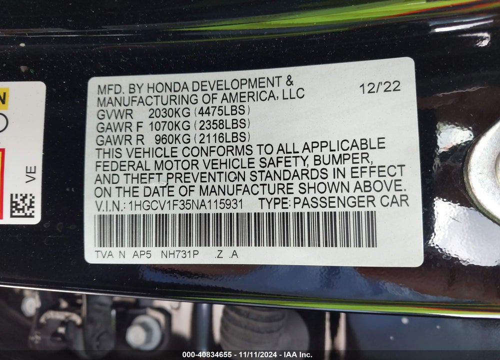 2022 HONDA ACCORD SPORT VIN: 1HGCV1F35NA115931