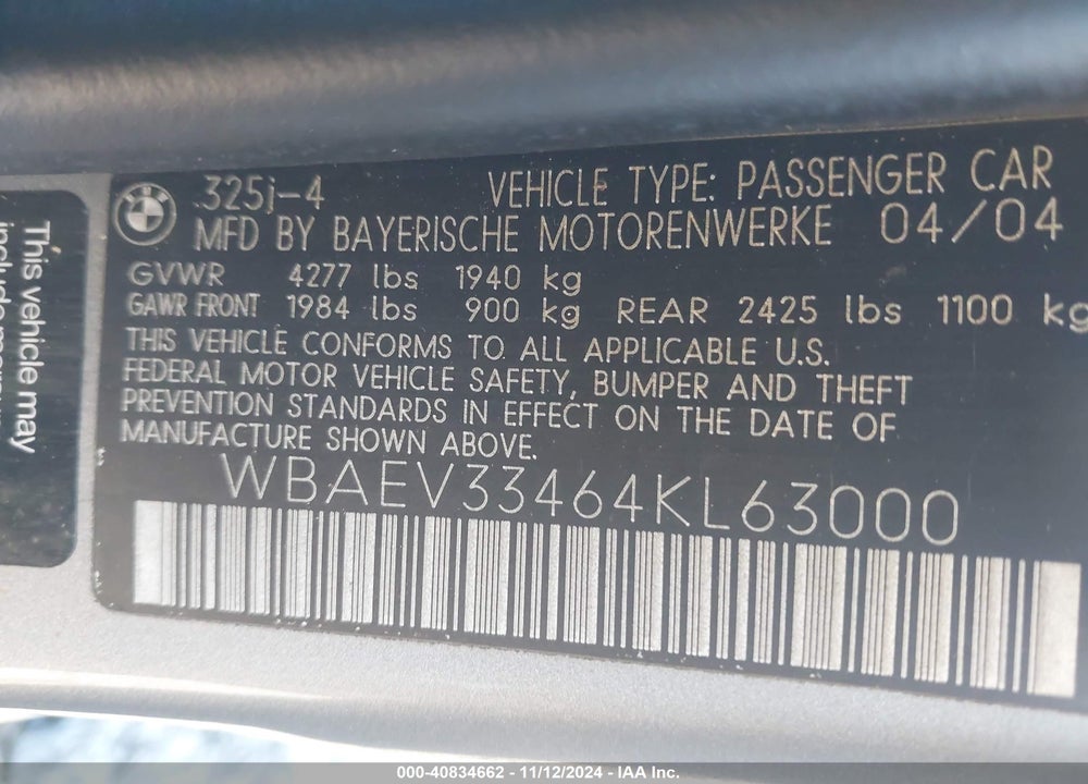 2004 BMW 325I VIN: WBAEV33464KL63000