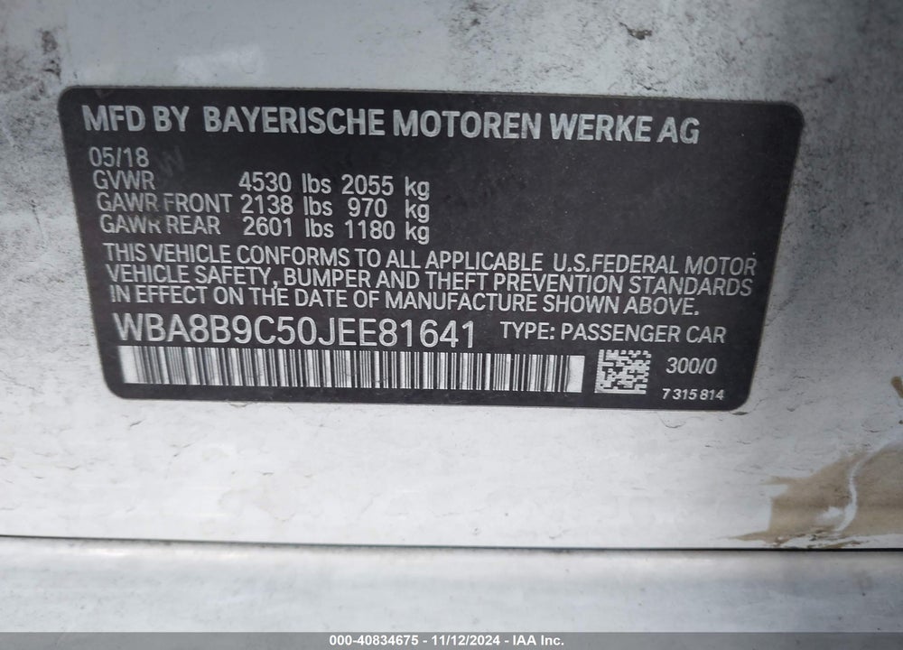 2018 BMW 330I VIN: WBA8B9C50JEE81641