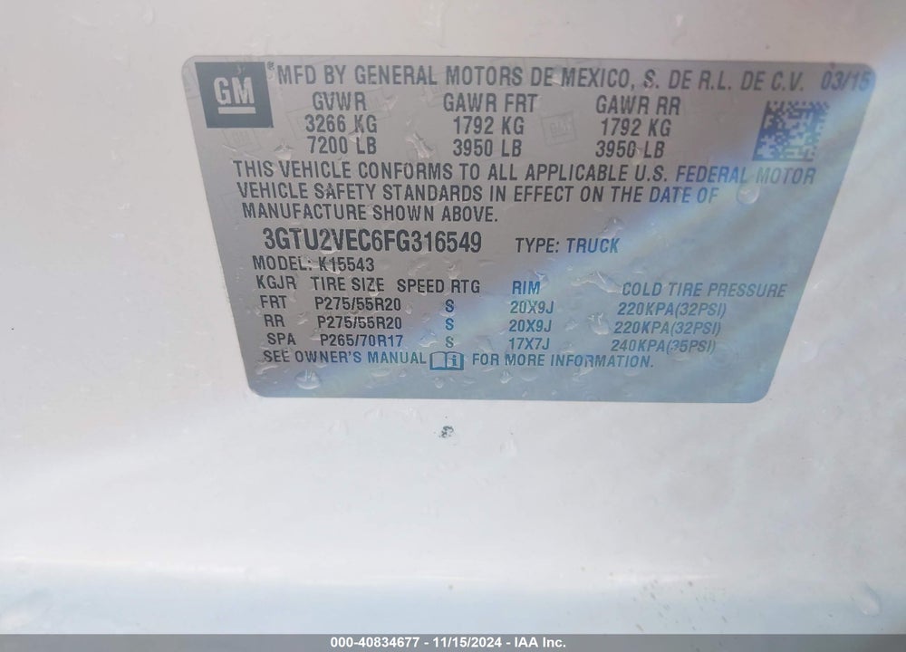 2015 GMC SIERRA 1500 SLT VIN: 3GTU2VEC6FG316549