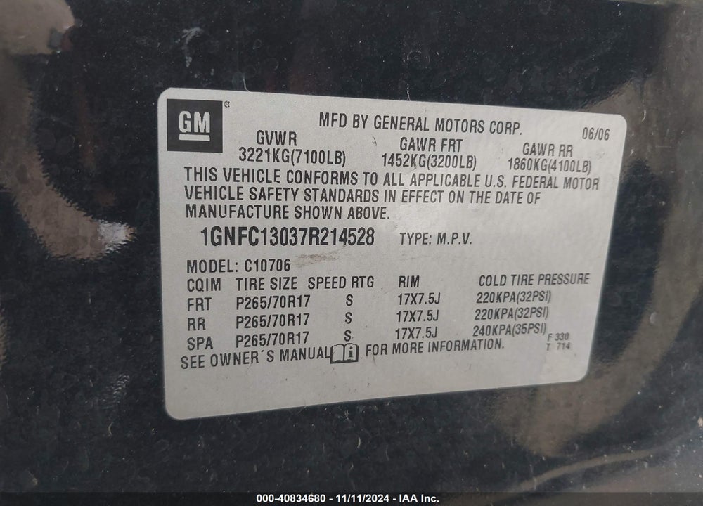 2007 CHEVROLET TAHOE LT VIN: 1GNFC13037R214528