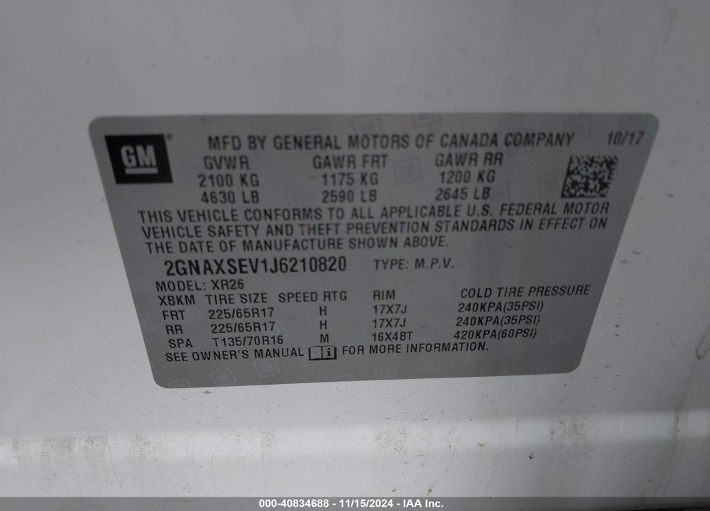 2018 CHEVROLET EQUINOX LT VIN: 2GNAXSEV1J6210820