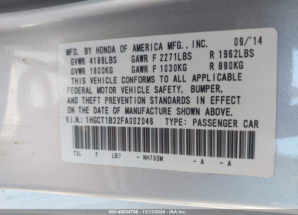 2015 HONDA ACCORD LX-S VIN: 1HGCT1B32FA002046