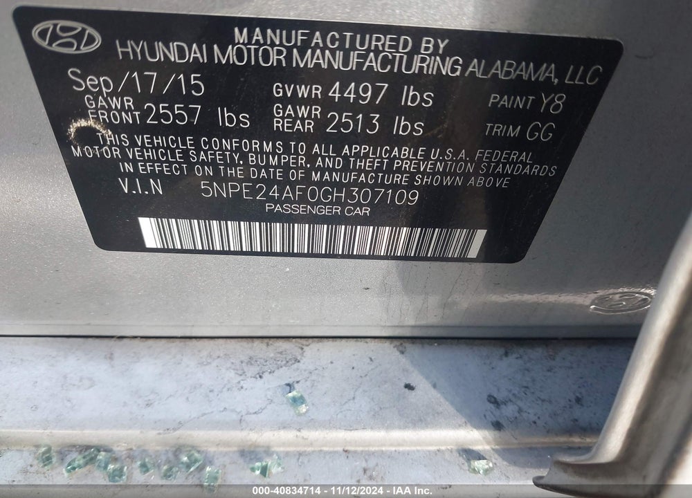 2016 HYUNDAI SONATA SE VIN: 5NPE24AF0GH307109