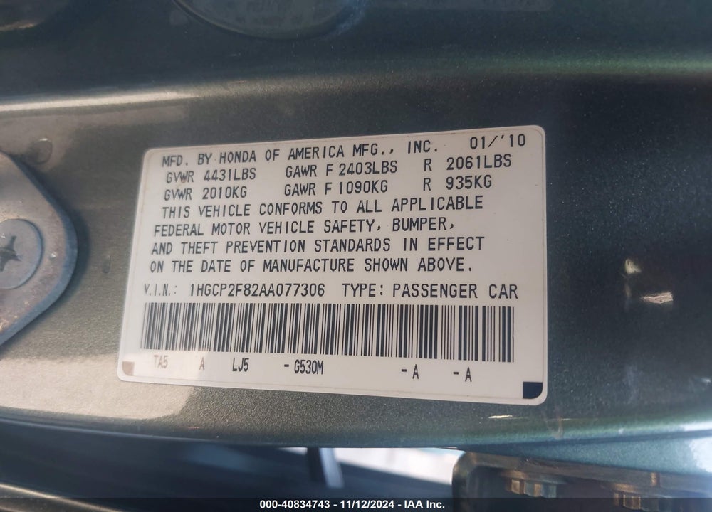 2010 HONDA ACCORD 2.4 EX-L VIN: 1HGCP2F82AA077306