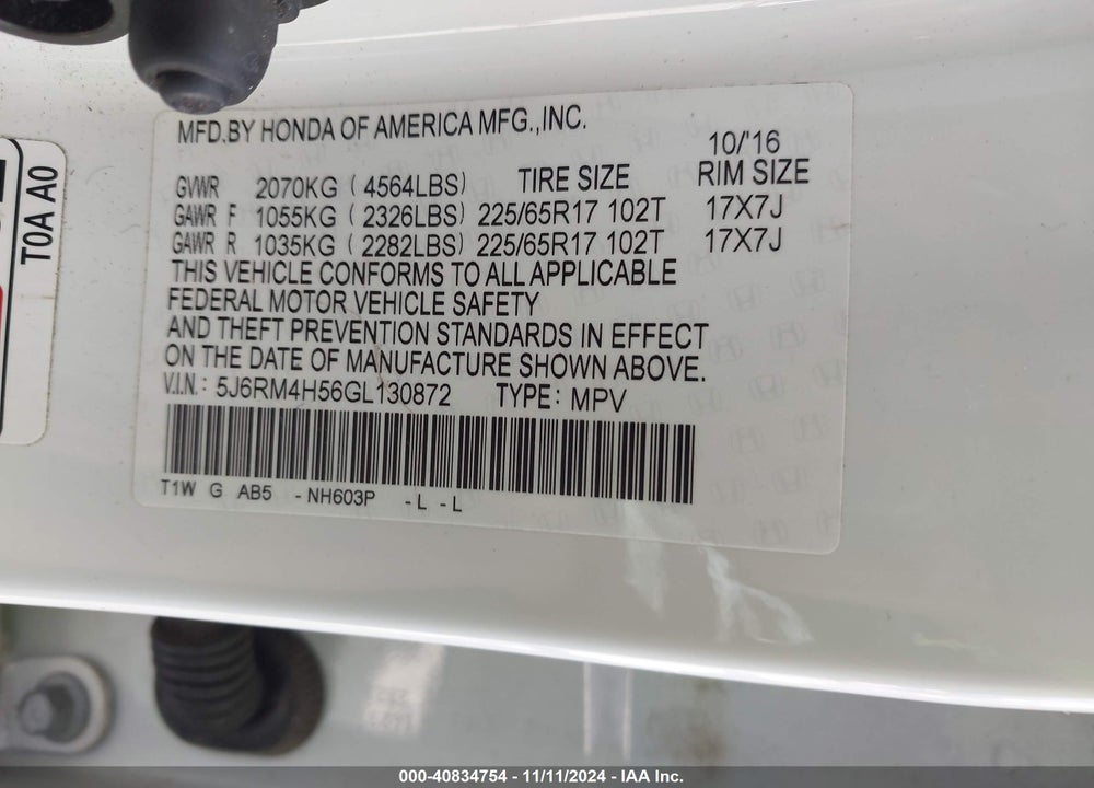 2016 HONDA CR-V EX VIN: 5J6RM4H56GL130872