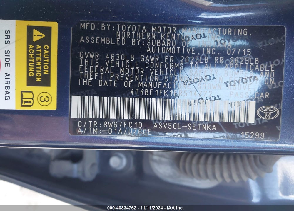 2015 TOYOTA CAMRY LE VIN: 4T4BF1FK1FR514772