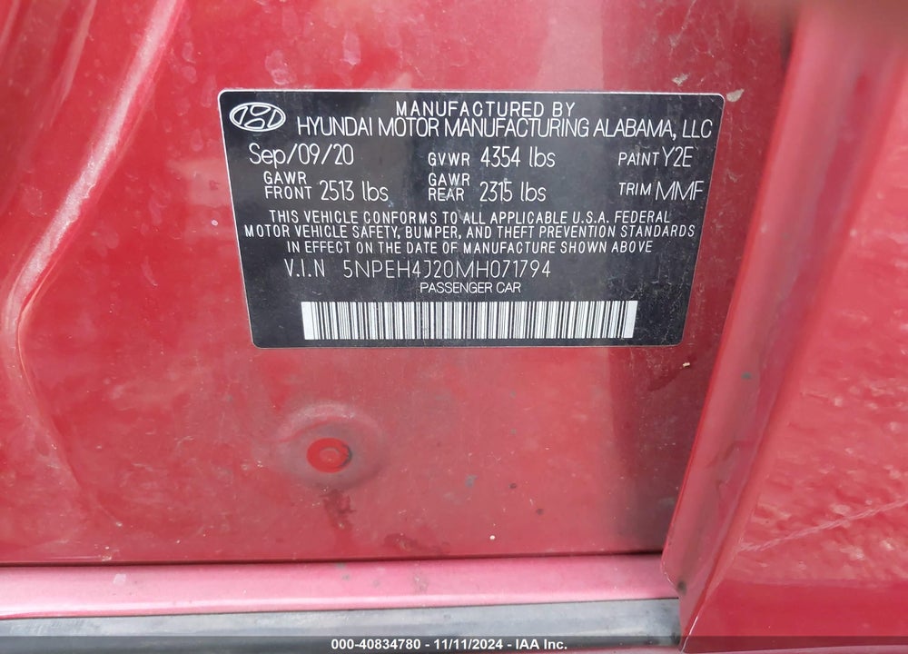 2021 HYUNDAI SONATA VIN: 5NPEH4J20MH071794