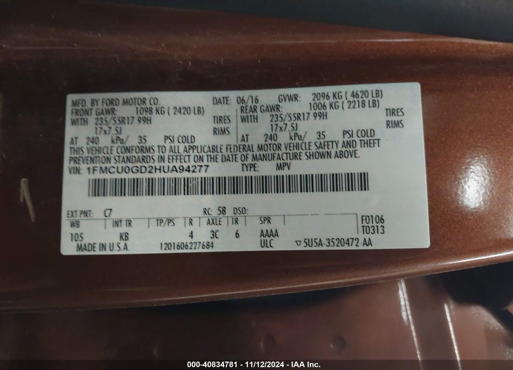 2017 FORD ESCAPE VIN: 1FMCU0GD2HUA94277