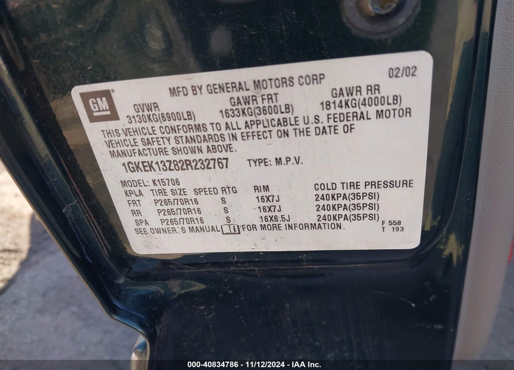 2002 GMC YUKON SLT VIN: 1GKEK13Z82R232767