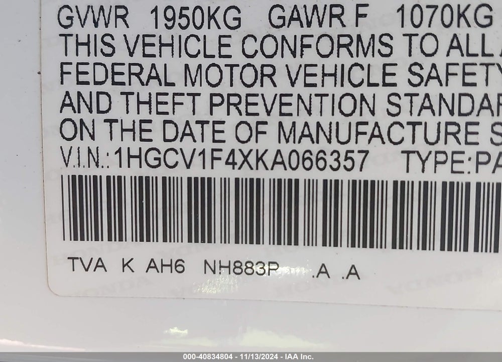 2019 HONDA ACCORD EX VIN: 1HGCV1F4XKA066357