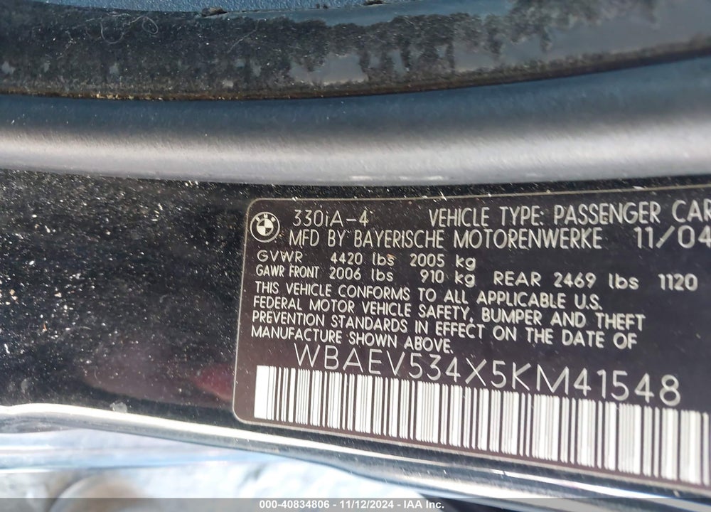 2005 BMW 330I VIN: WBAEV534X5KM41548