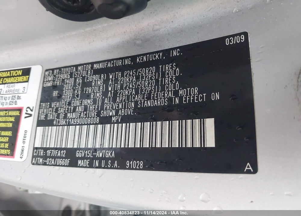 2009 TOYOTA VENZA BASE V6 VIN: 4T3BK11A99U008008