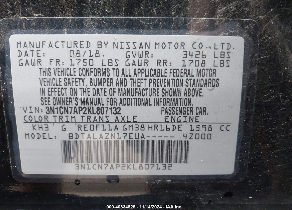 2019 NISSAN VERSA 1.6 S+ VIN: 3N1CN7AP2KL807132