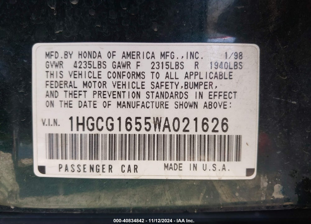 1998 HONDA ACCORD EX V6 VIN: 1HGCG1655WA021626