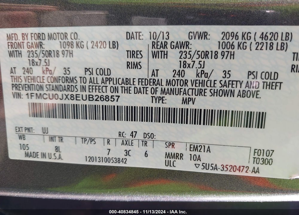 2014 FORD ESCAPE TITANIUM VIN: 1FMCU0JX8EUB26857