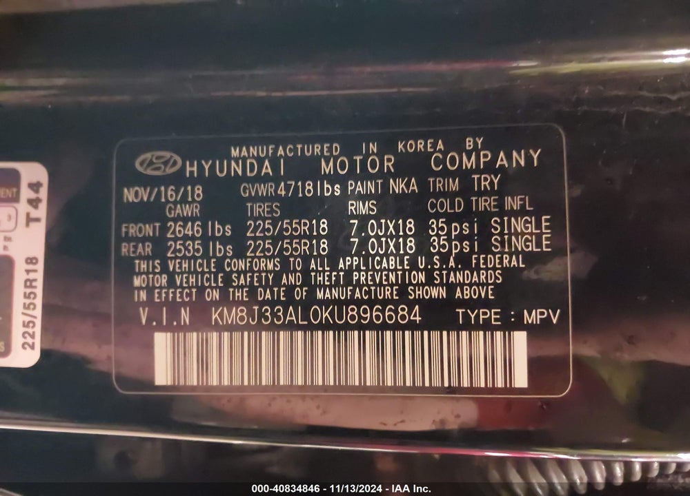 2019 HYUNDAI TUCSON SEL VIN: KM8J33AL0KU896684