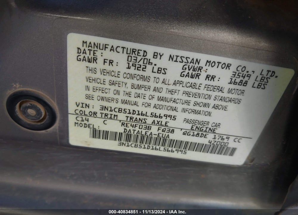 2006 NISSAN SENTRA 1.8S VIN: 3N1CB51D16L566995