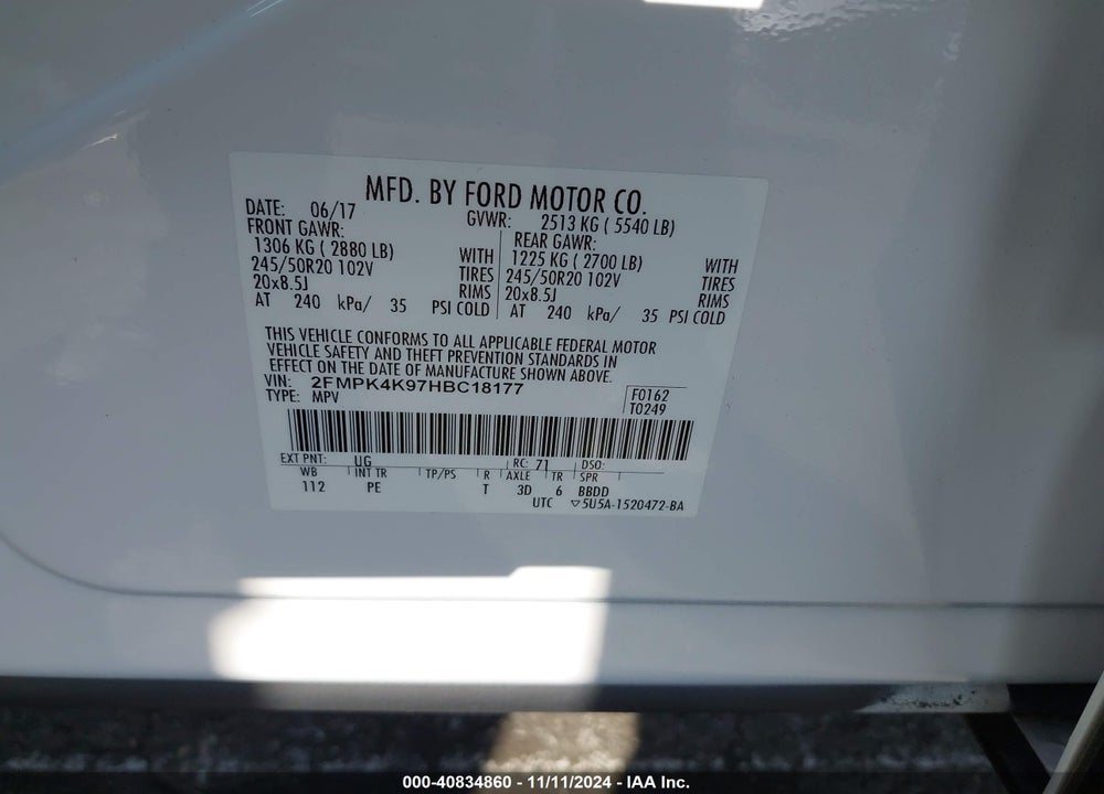 2017 FORD EDGE TITANIUM VIN: 2FMPK4K97HBC18177