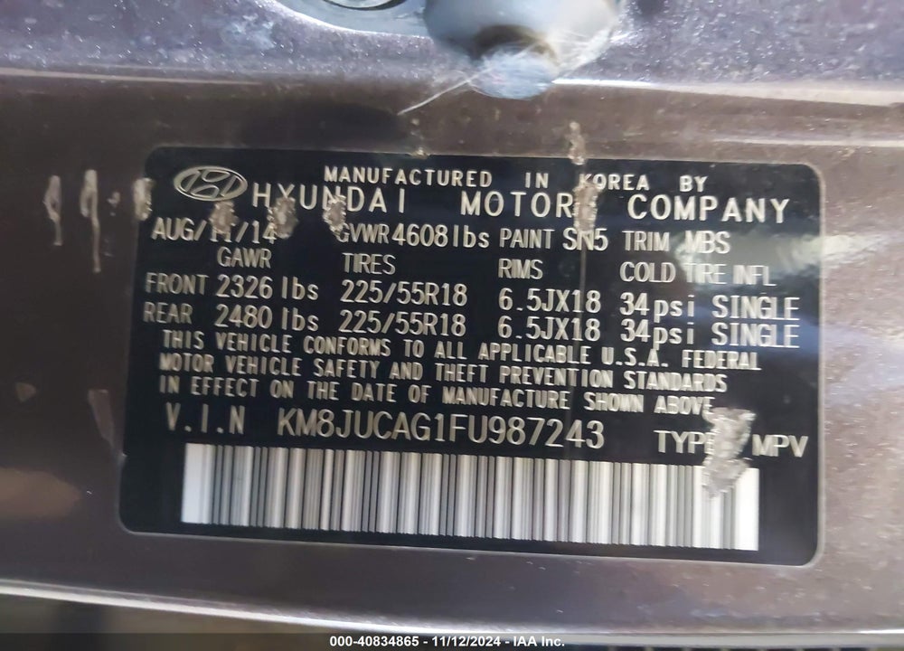 2015 HYUNDAI TUCSON LIMITED VIN: KM8JUCAG1FU987243