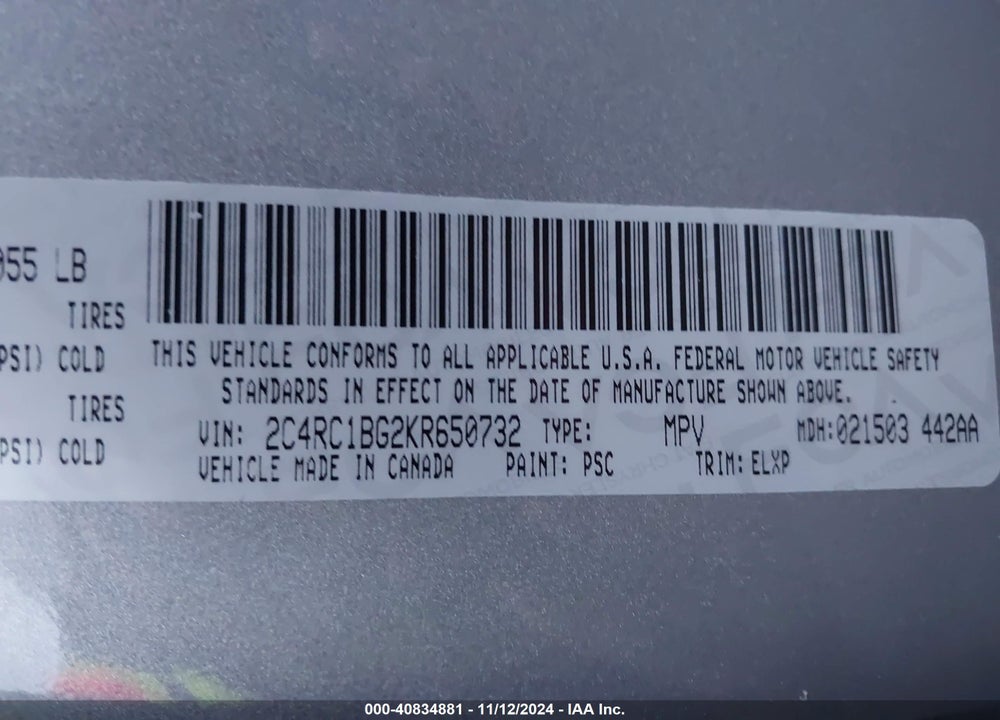 2019 CHRYSLER PACIFICA TOURING L VIN: 2C4RC1BG2KR650732