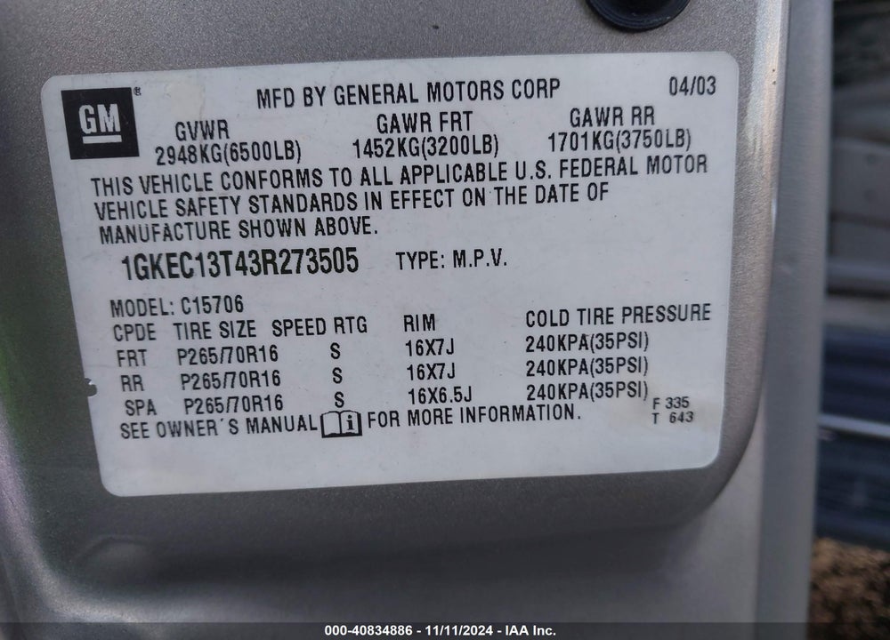 2003 GMC YUKON SLT VIN: 1GKEC13T43R273505