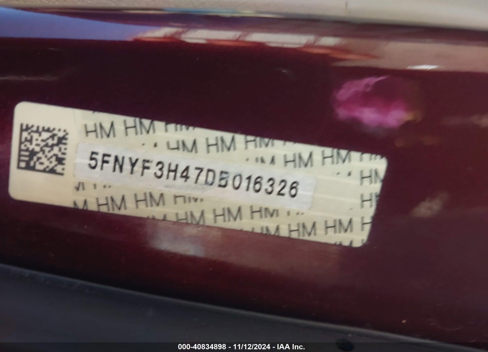 2013 HONDA PILOT EX VIN: 5FNYF3H47DB016326