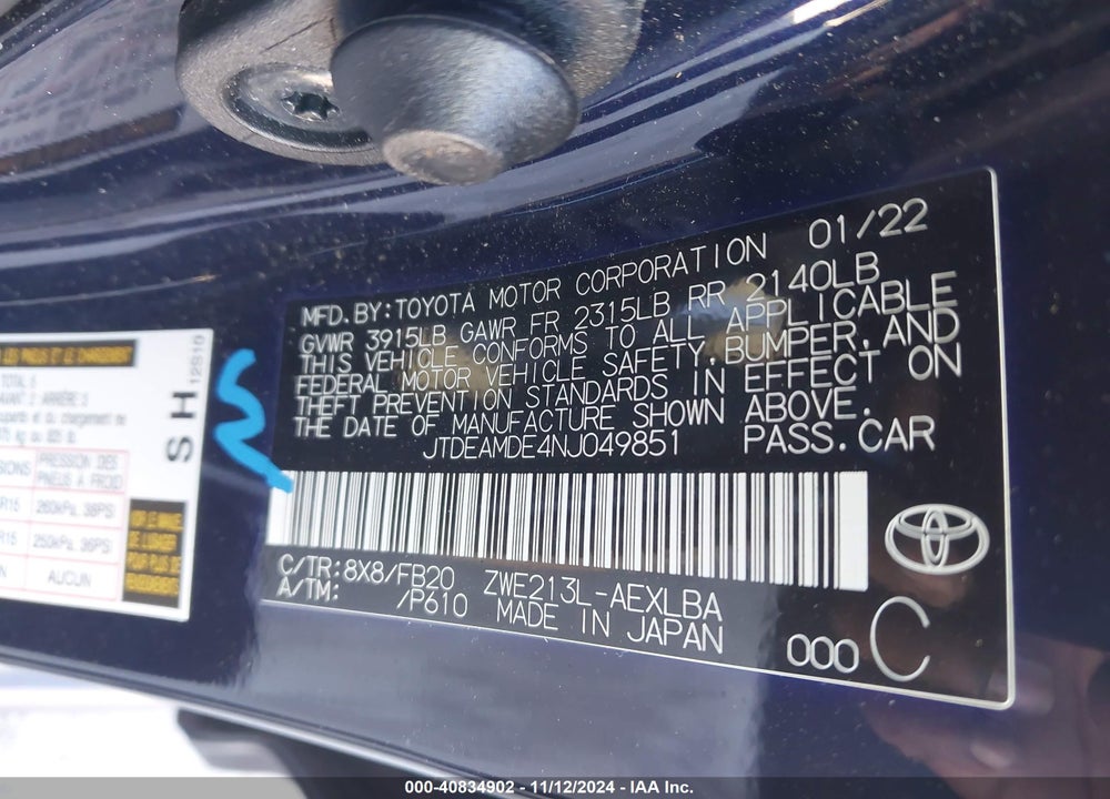 2022 TOYOTA COROLLA VIN: JTDEAMDE4NJ049851