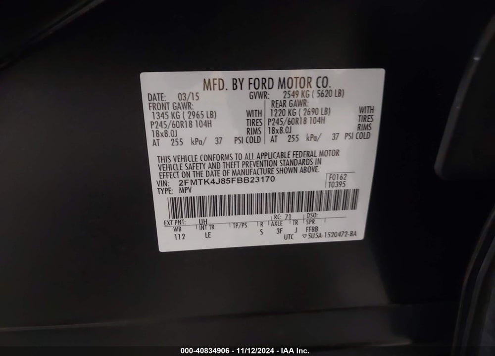 2015 FORD EDGE SEL VIN: 2FMTK4J85FBB23170