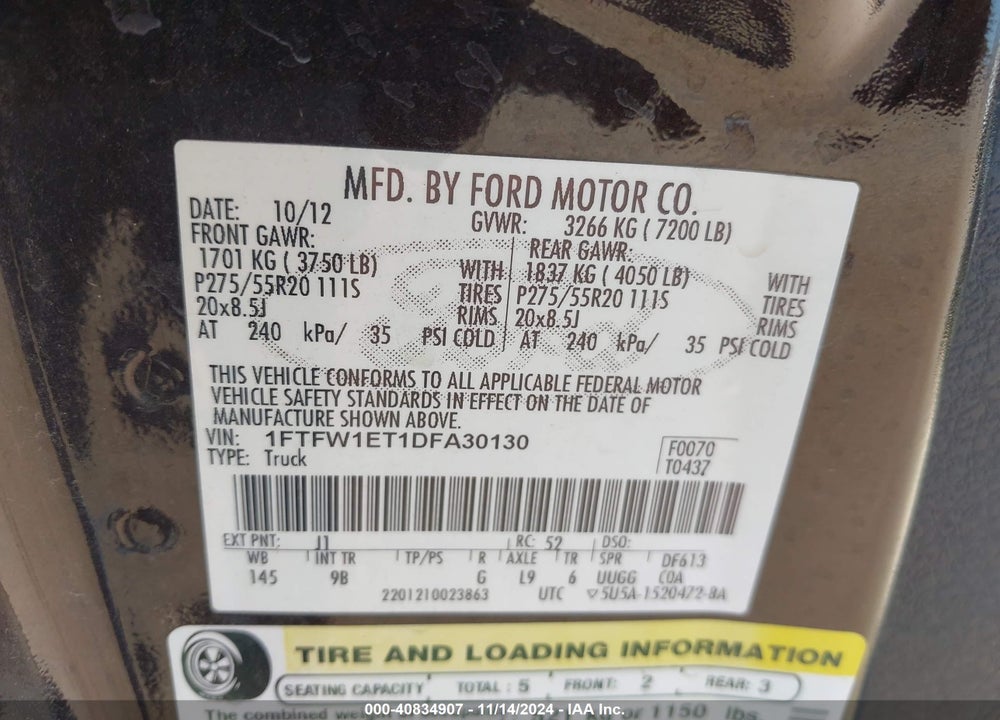2013 FORD F-150 PLATINUM VIN: 1FTFW1ET1DFA30130