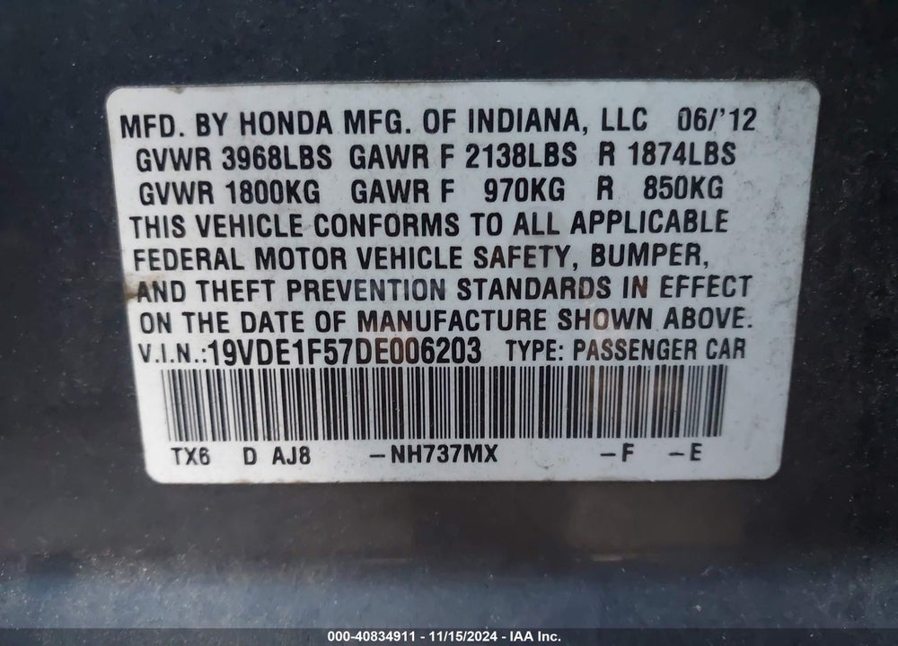 2013 ACURA ILX 2.0L VIN: 19VDE1F57DE006203