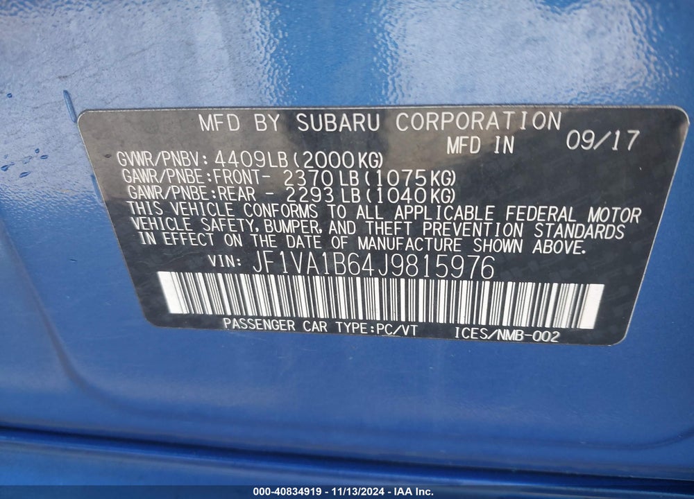 2018 SUBARU WRX PREMIUM VIN: JF1VA1B64J9815976