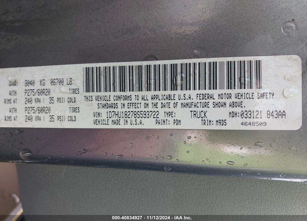 2008 DODGE RAM 1500 SLT VIN: 1D7HU18278S593722