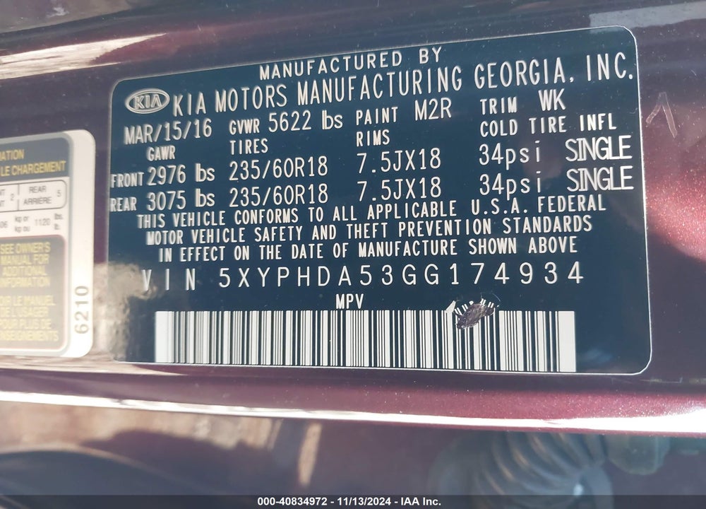 2016 KIA SORENTO 3.3L EX VIN: 5XYPHDA53GG174934