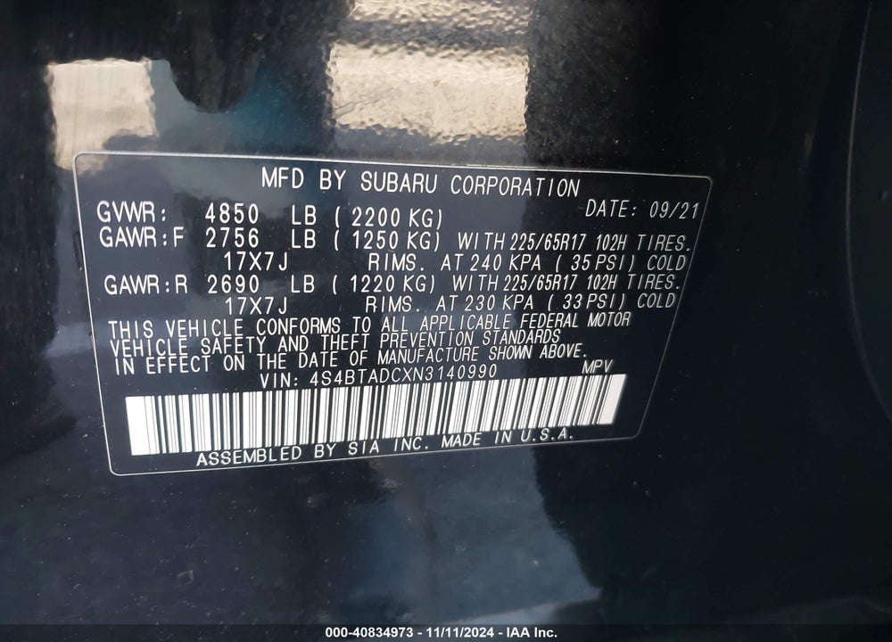 2022 SUBARU OUTBACK PREMIUM VIN: 4S4BTADCXN3140990