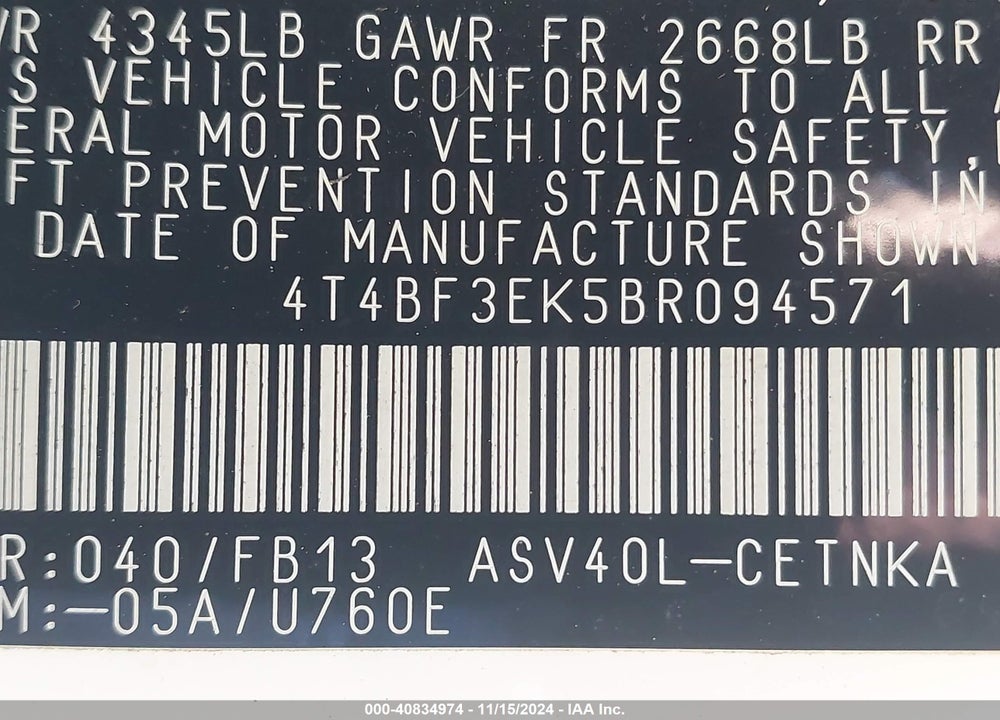 2011 TOYOTA CAMRY LE VIN: 4T4BF3EK5BR094571