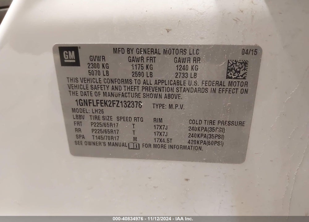 2015 CHEVROLET EQUINOX 1LT VIN: 1GNFLFEK2FZ132378