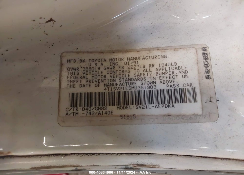 1991 TOYOTA CAMRY DLX VIN: 4T1SV21E5MU351903