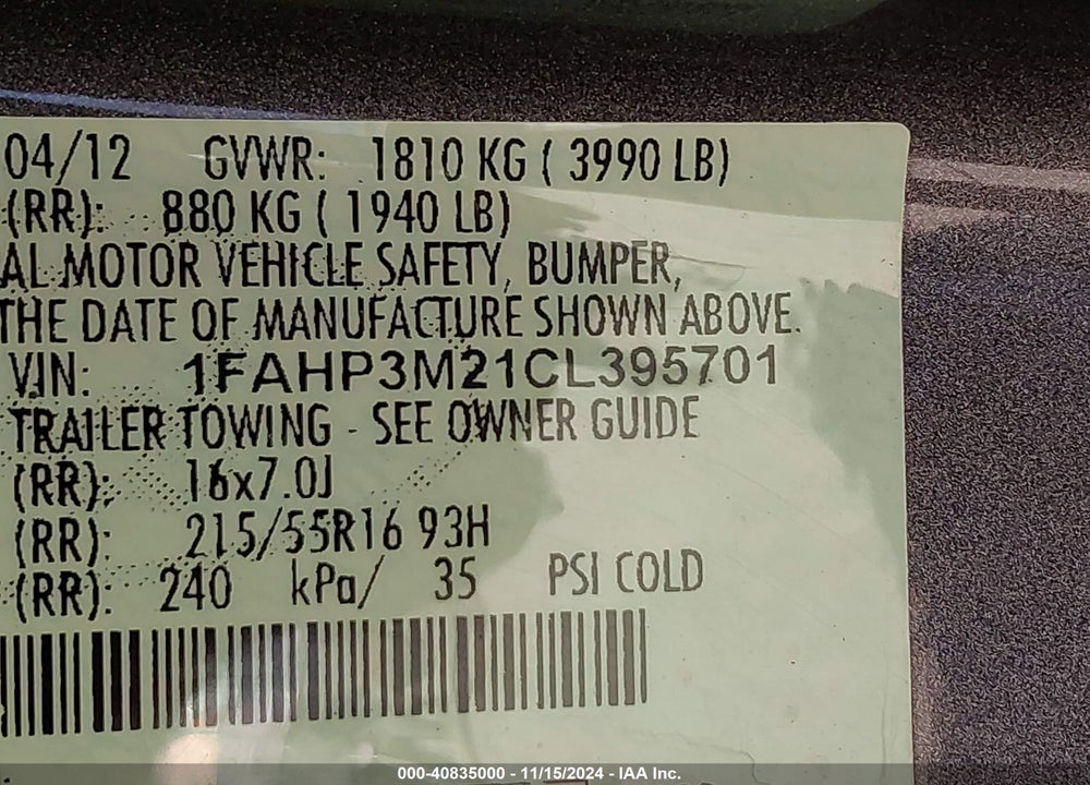 2012 FORD FOCUS SEL VIN: 1FAHP3M21CL395701