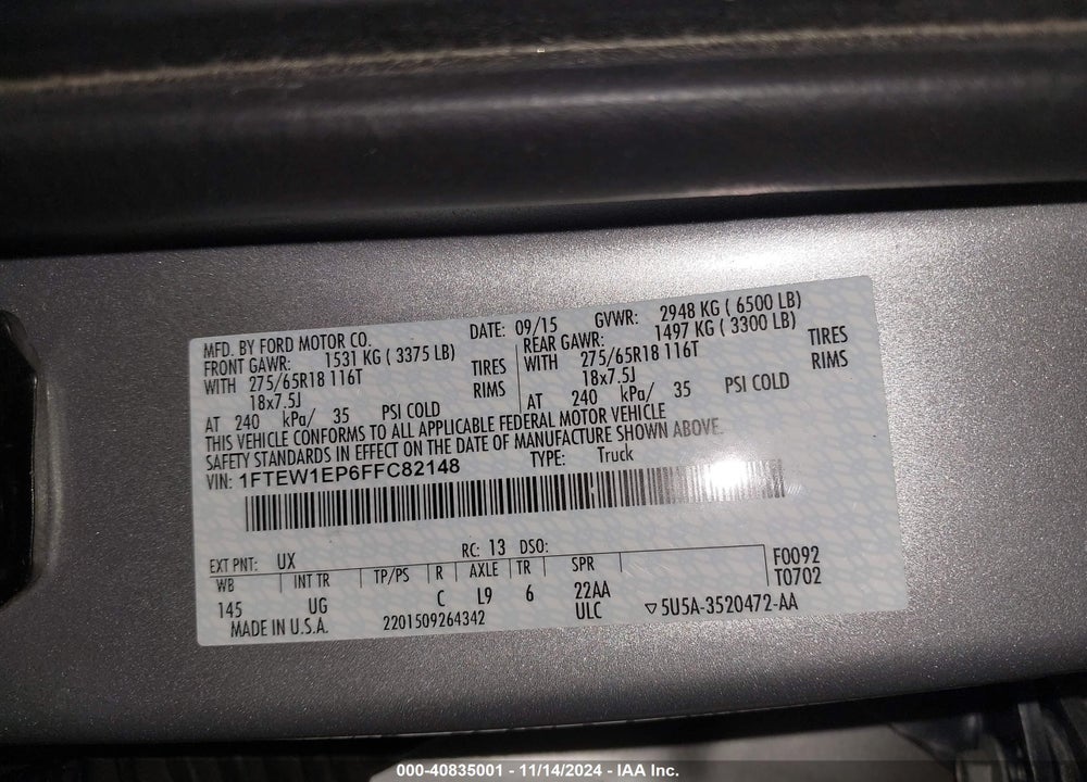 2015 FORD F-150 XLT VIN: 1FTEW1EP6FFC82148