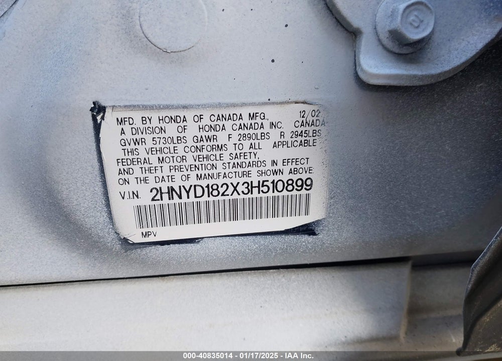 2003 ACURA MDX VIN: 2HNYD182X3H510899