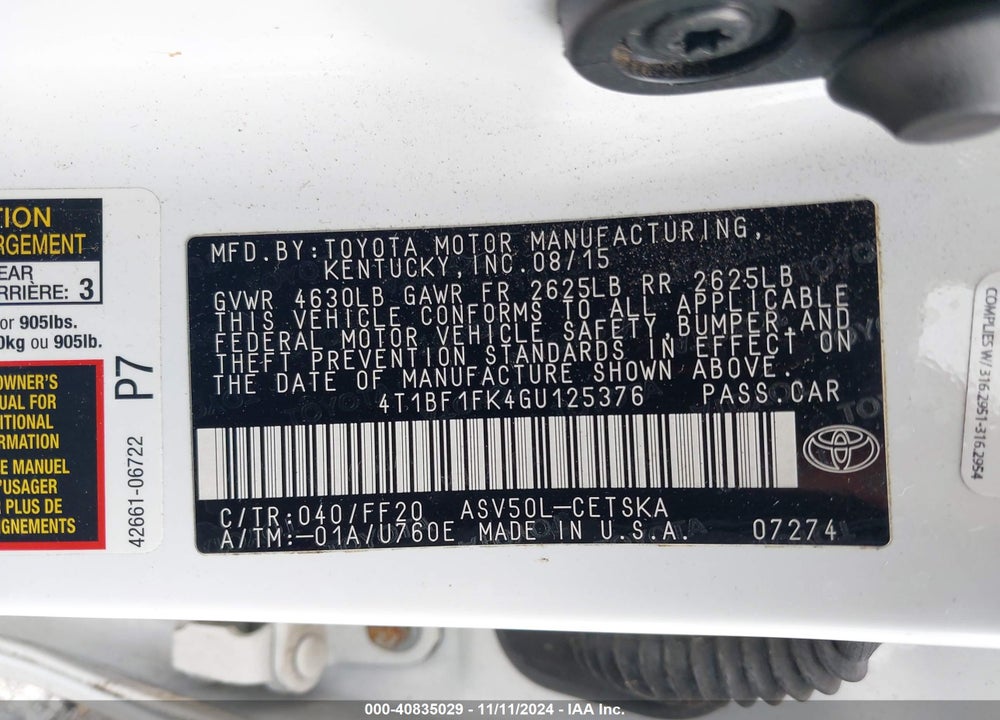 2016 TOYOTA CAMRY SE VIN: 4T1BF1FK4GU125376