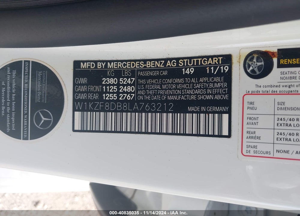 2020 MERCEDES-BENZ E 350 VIN: W1KZF8DB8LA763212