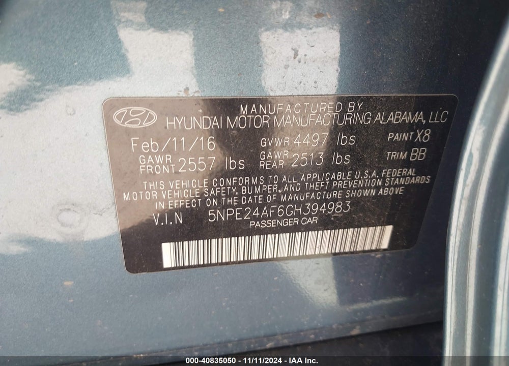 2016 HYUNDAI SONATA VIN: 5NPE24AF6GH394983