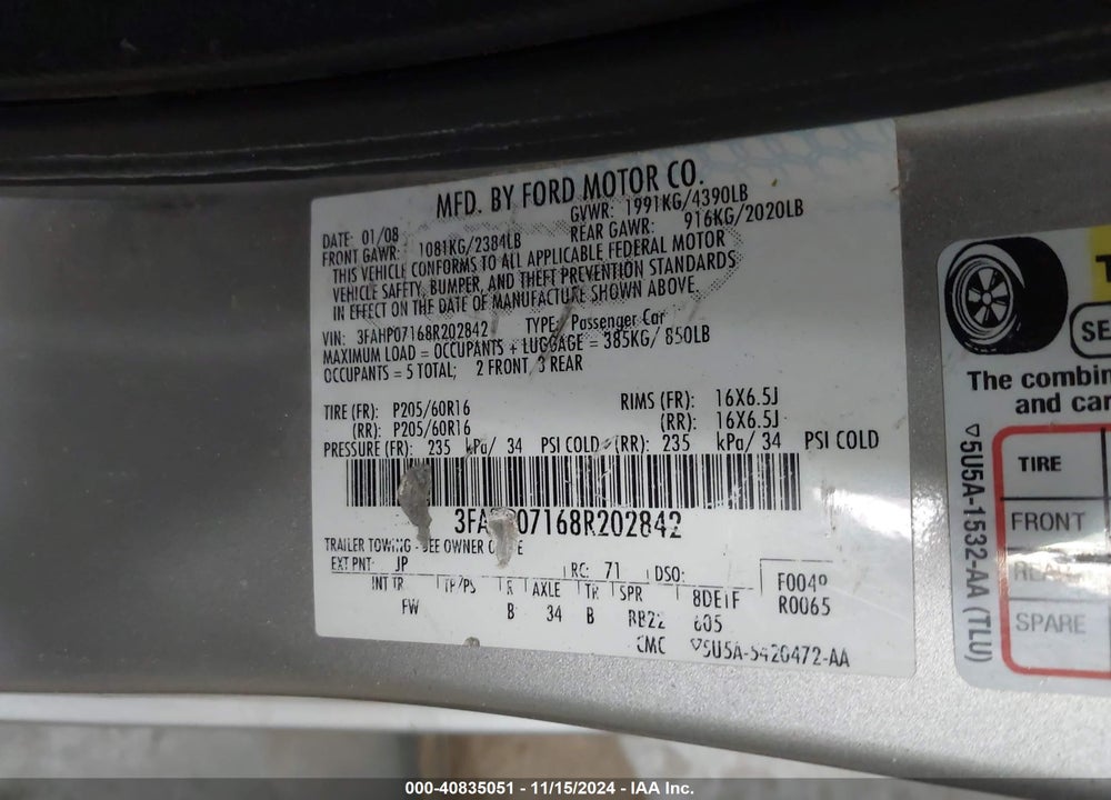 2008 FORD FUSION SE VIN: 3FAHP07168R202842