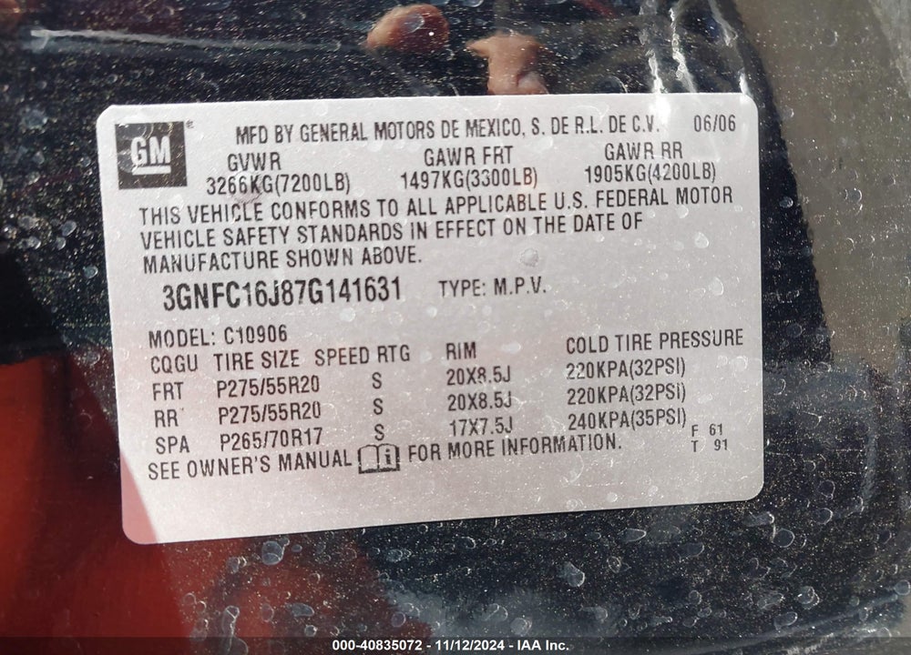 2007 CHEVROLET SUBURBAN 1500 VIN: 3GNFC16J87G141631