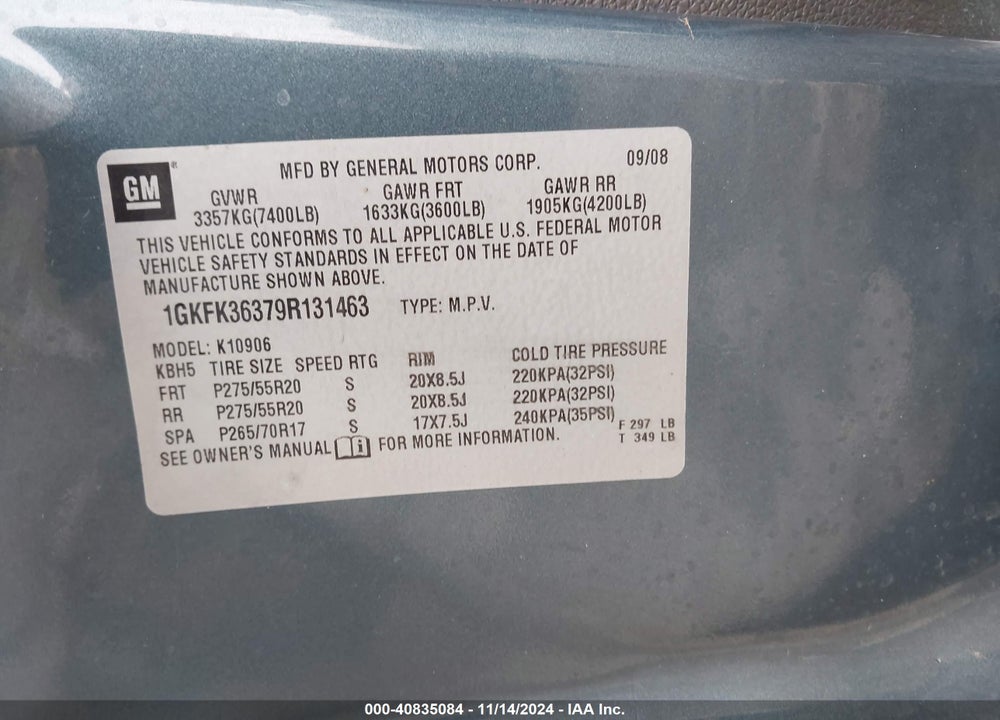 2009 GMC YUKON XL VIN: 1GKFK36379R131463