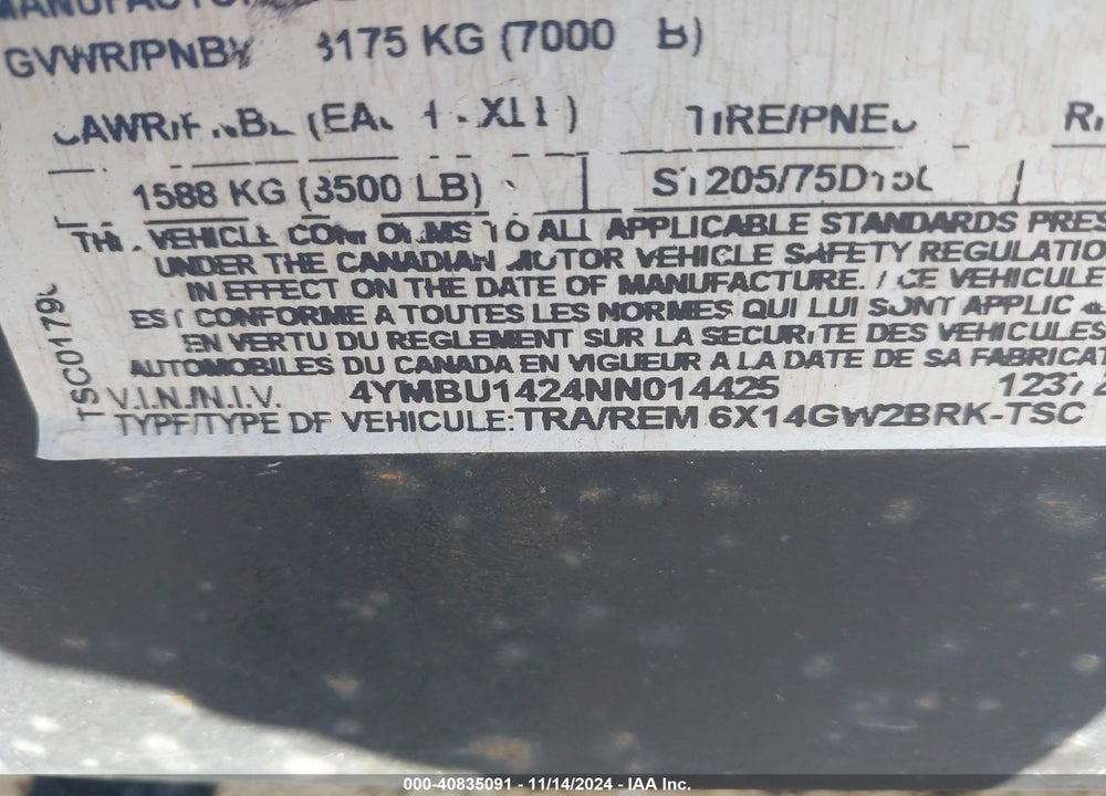 2022 CARRY ON 6X14GW2BRK-123 VIN: 4YMBU1424NN014425